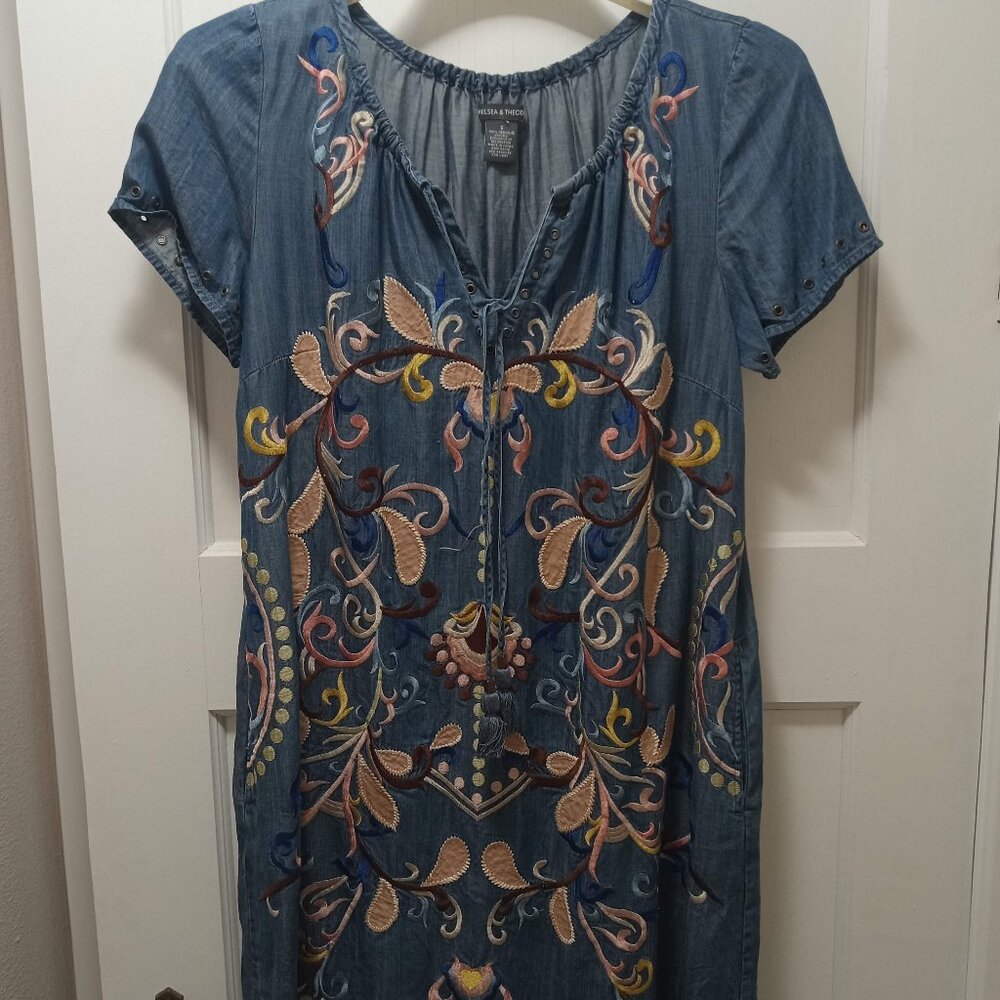 Chelsea & Theodore Denim Embroidered Dress